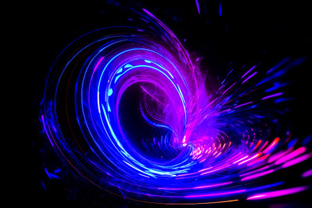 Blue and purple light painting on black background with streaks of light. Generative AI.の素材