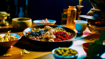 Plate of food sitting on top of table next to bowls of food. Generative AI.の素材