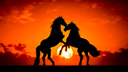 Couple of horses standing next to each other in front of sunset. Generative AI.の素材