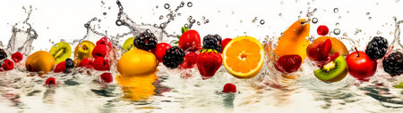 Bunch of fruit is splashing into the body of water with water droplets. Generative AI.の素材