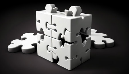 Group of white puzzle pieces sitting on top of black table next to each other. Generative AI.の素材