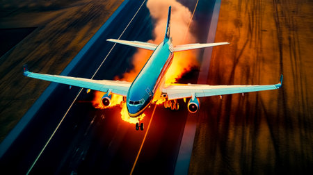 Large jetliner flying through sky next to fire filled runway. Generative AI.の素材