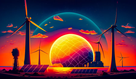 Solar panel with windmills in the background and sunset in the foreground. Generative AI.の素材
