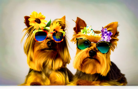 Two dogs wearing sunflowers and sunglasses sitting next to each other on table. Generative AI.の素材