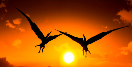 Couple of birds flying over the top of the sun at sunset or dawn. Generative AI.の素材
