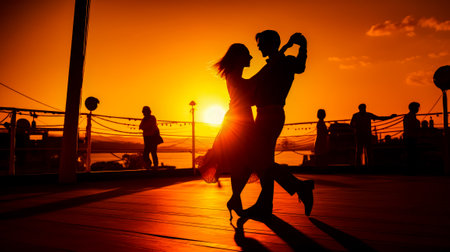 Couple of people who are dancing in front of the sun at sunset. Generative AI.の素材