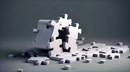 Group of pieces of puzzle laying on top of each other on table. Generative AI.の素材