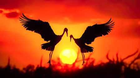 Couple of birds standing next to each other in front of sunset. Generative AI.の素材