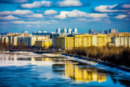 View of city from across river with bridge in the foreground. Generative AI.の素材
