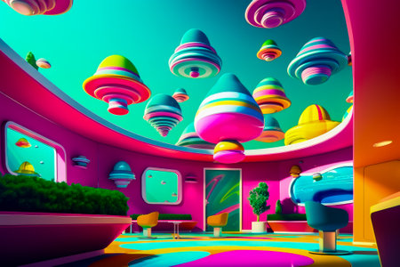 Room filled with lots of colorful furniture and sky filled with clouds. Generative AI.の素材