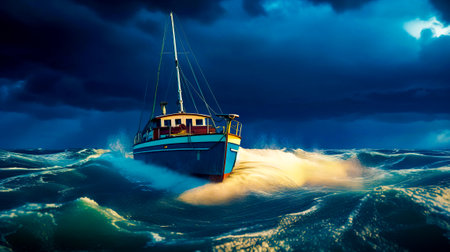 Boat in the middle of large body of water under cloudy sky. Generative AI.の素材