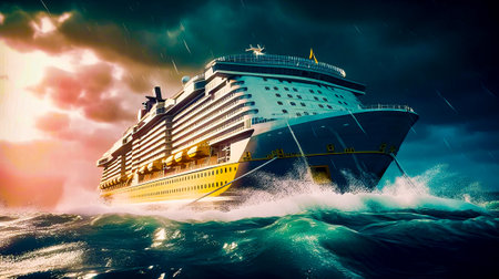 Large cruise ship in the middle of the ocean under cloudy sky. Generative AI.の素材