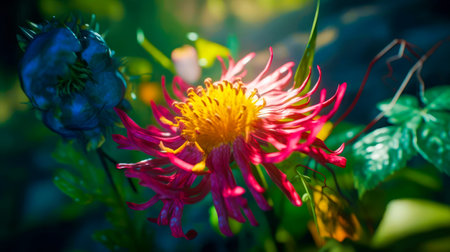 Close up of colorful flower with blurry back ground behind it. Generative AI.の素材