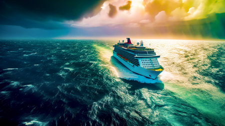 Cruise ship in the middle of the ocean under dark cloudy sky. Generative AI.の素材