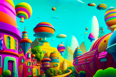 Painting of train traveling through colorful landscape with lots of balloons. Generative AI.の素材