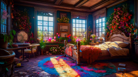 Bed room with bed table and chair and window. Generative AI.の素材