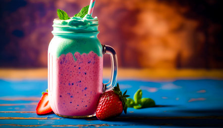 Smoothie in mason jar with straw and mint garnish. Generative AI.の素材