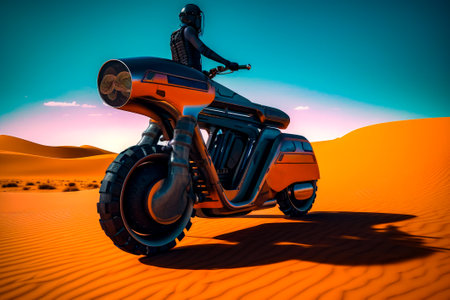 Person riding on the back of a motorcycle in the middle of desert. Generative AI.の素材