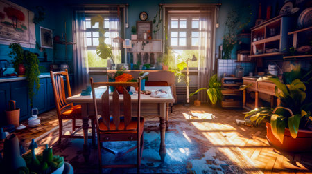 Room with table, chairs, and potted plant in it. Generative AI.の素材