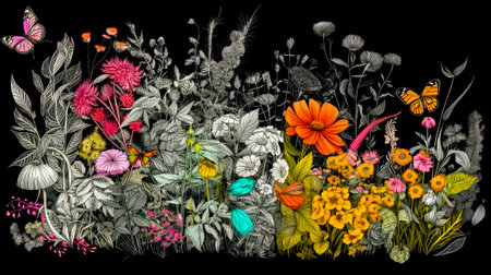 Bunch of flowers that are on black background with black background. Generative AI.の素材