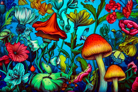 Painting of colorful mushrooms and flowers on blue background with blue sky in the background. Generative AI.の素材