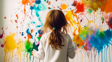 Little girl standing in front of colorful wall with lots of paint. Generative AI.の素材