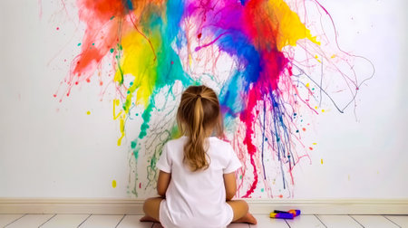 Little girl sitting on the floor in front of wall covered in paint. Generative AI.の素材
