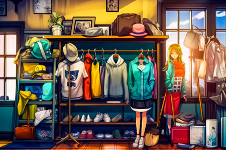 Woman standing in front of clothing rack filled with clothes and hats. Generative AI.の素材