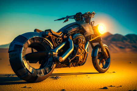 Futuristic motorcycle in the middle of desert with mountains in the background. Generative AI.の素材