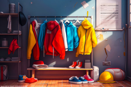 Room with bunch of clothes hanging on rack and ball on the floor. Generative AI.の素材