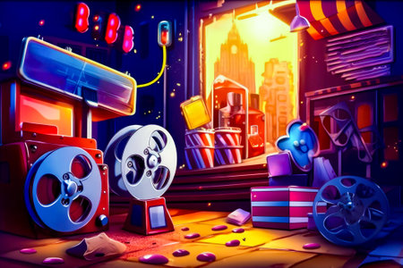 Video game scene with movie projector and bunch of objects. Generative AI.の素材