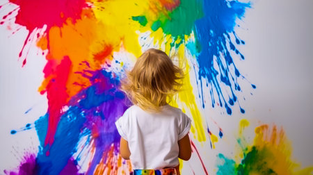 Little girl standing in front of colorful wall with lots of paint on it. Generative AI.の素材