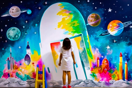 Little girl standing in front of colorful mural of space station. Generative AI.の素材