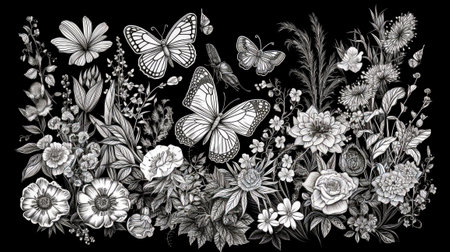 Black and white drawing of flowers, butterflies, and butterflies on black background. Generative AI.の素材