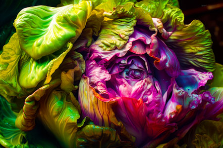 Close up of colorful flower with lots of green and purple petals. Generative AI.の素材