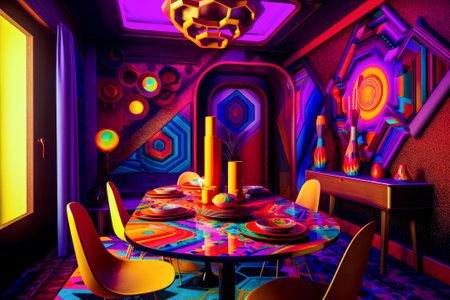 Brightly lit dining room with chairs and table with plates on it. Generative AI.の素材