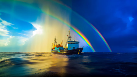 Boat in the water with rainbow in the sky above it and rainbow in the sky above it. Generative AI.の素材