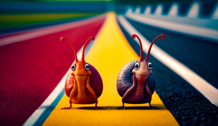 Couple of snails standing next to each other on top of the road. Generative AI.の素材