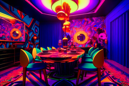 Brightly lit dining room with round table and blue and yellow chairs. Generative AI.の素材