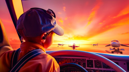 Little boy sitting in the cockpit of plane looking at airplane. Generative AI.の素材