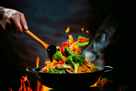 Wok full of stir fry vegetables being stirred with wooden spoon. Generative AI.の素材