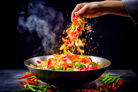 Person sprinkling vegetables into wok with black background. Generative AI.の素材