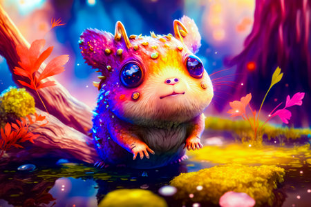 Painting of small animal sitting on top of body of water. Generative AI.の素材