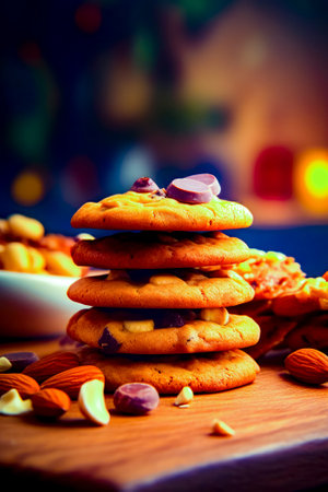 Stack of cookies sitting on top of wooden table next to bowl of nuts. Generative AI.の素材
