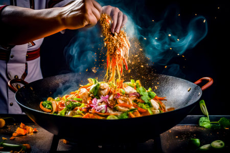 Wok full of food being stirred by person with spatula. Generative AI.の素材