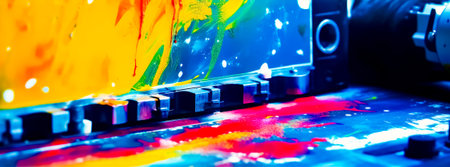 Close up of colorful painting with paintbrushes in the foreground. Generative AI.の素材