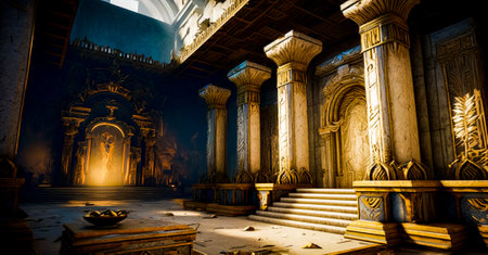 Large room with bunch of pillars and clock on the wall. Generative AI.の素材