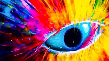 Close up of eye with colorful paint splatters on it. Generative AI.の素材