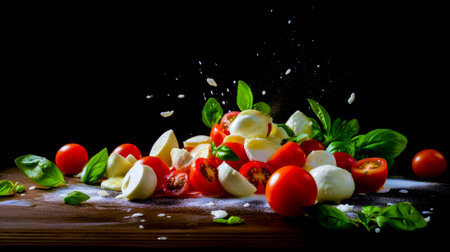 Wooden table topped with lots of different types of cheese and tomatoes. Generative AI.の素材