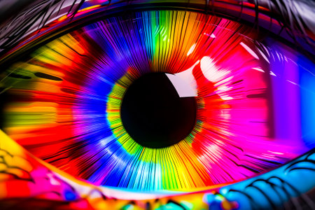 Close up of rainbow colored eye with black circle in the center. Generative AI.の素材